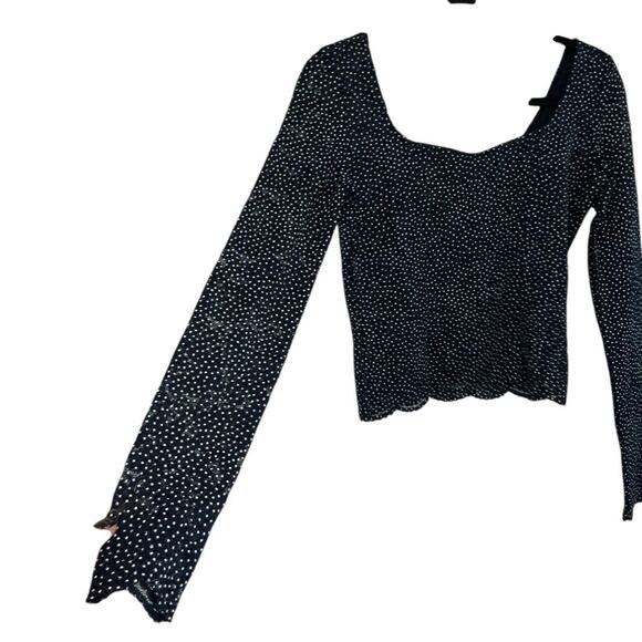 GUESS Navy Polka Dot Long Sleeve Mesh Overlay Top — Size M - Picture 2 of 4